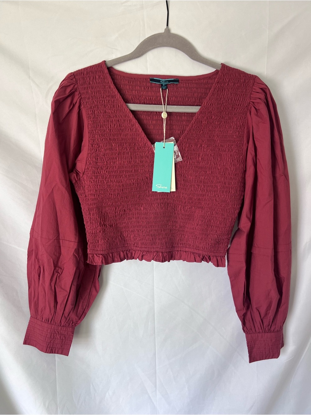 NWT Womens SHORE 100% Cotton Brandy Smocked Balloon Sleeve Crop Top